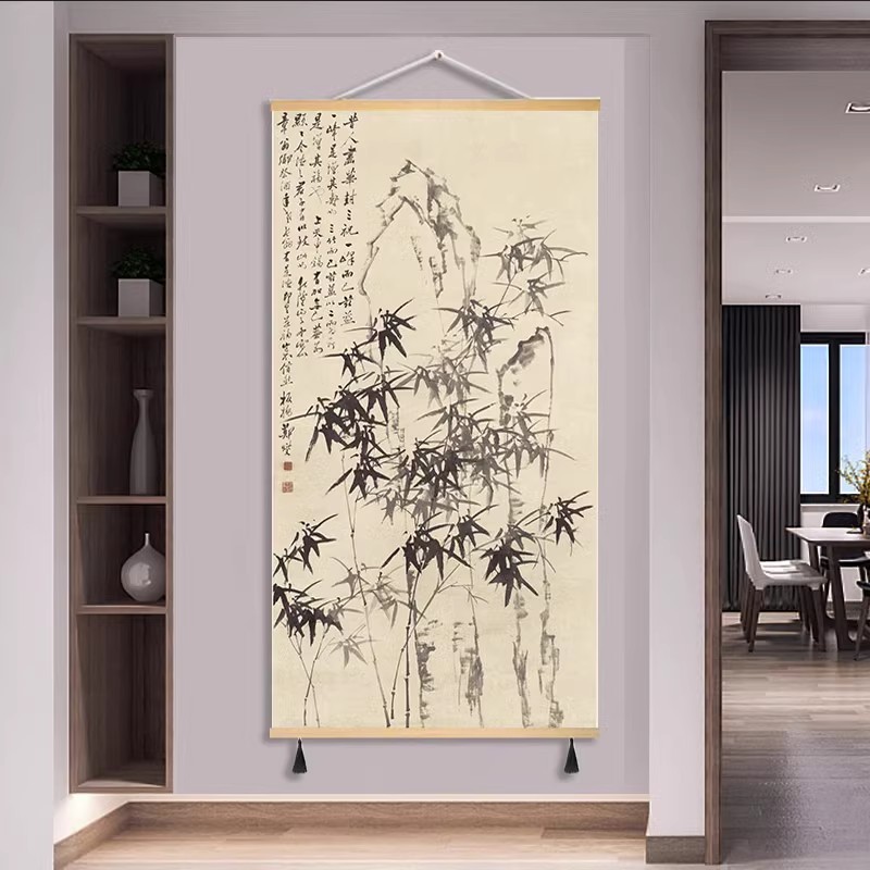 禅意中式莲花茶室书房布艺挂画客厅卧室复古画遮挡装饰画实木框图片