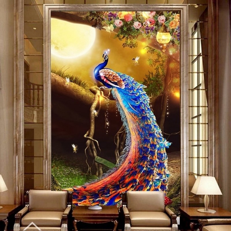 5d镶钻石壁画8d珠宝墙纸客厅背景墙壁布玄关走廊过道竖版孔雀壁纸