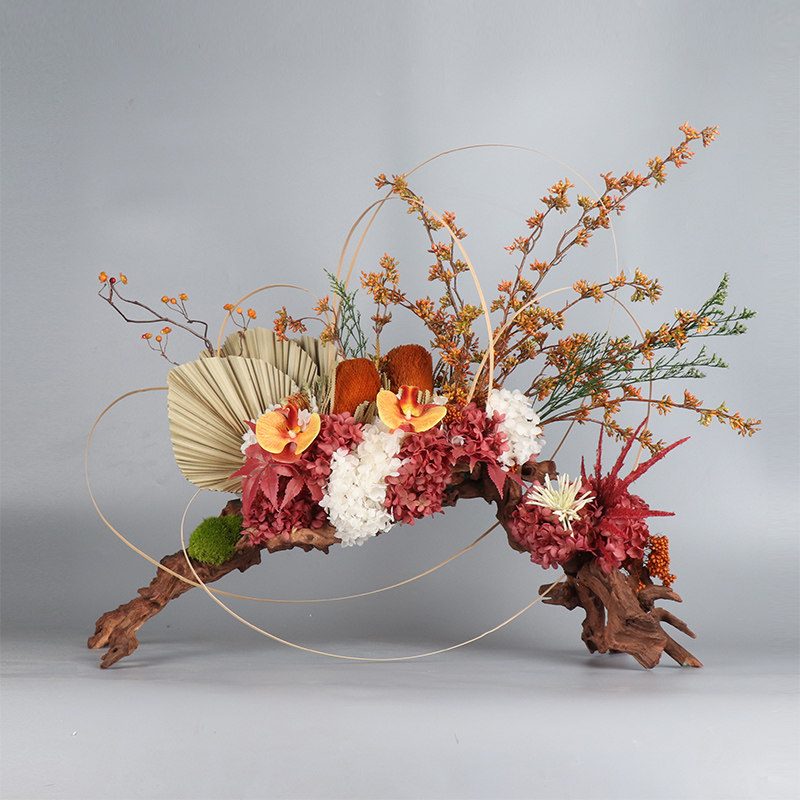 新中式轻奢干花永生花架构木碳化木竹篾藤条架构花艺装置酒店大堂