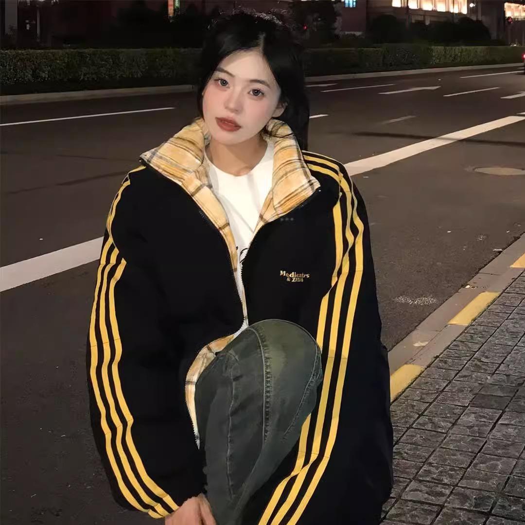 美式羽绒棉服男女同款2024冬装新款潮牌三条杠棉衣logo面包服棉袄