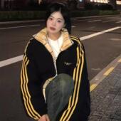 新款 2024冬装 潮牌三条杠棉衣logo面包服棉袄 羽绒棉服男女同款 美式