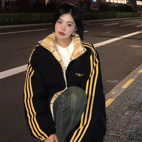 美式羽绒棉服男女同款2024冬装新款潮牌三条杠棉衣logo面包服棉袄