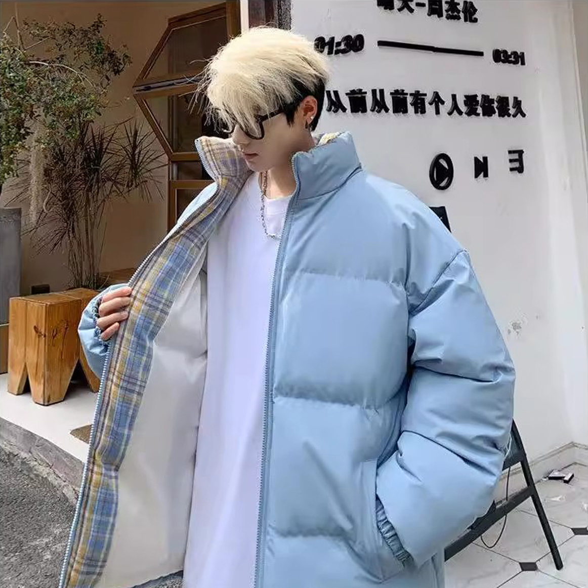 格子立领面包棉服男士冬季新款加绒加厚保暖羽绒棉袄男生棉衣外套