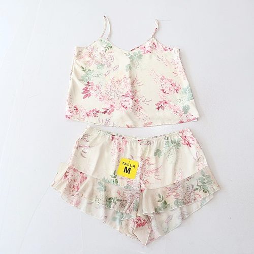 夏季新品女居家套装花色V领吊带小衫仿真丝松紧腰拼接短裤睡裤F0