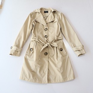 时尚 春秋季 风衣外套西服领纽扣腰带修身 长袖 百搭上衣C1M 女中长款