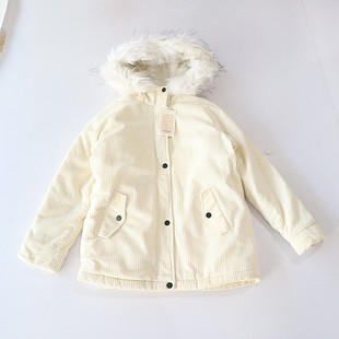 冬季女童长袖加绒条绒棉服外套连帽拉链暗扣宽松中童百搭棉衣W4