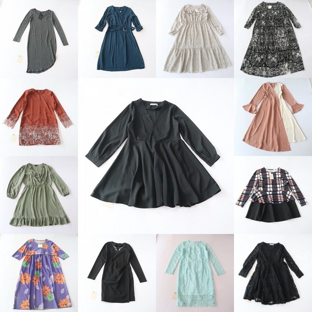 春秋季女中长款长袖连衣裙V领后拉链修身时尚百搭A字裙C3M