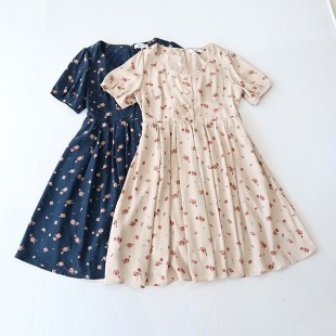 短袖 夏季 新品 女中长款 垂感A字裙F1 花色连衣裙圆领纽扣后拉链修身