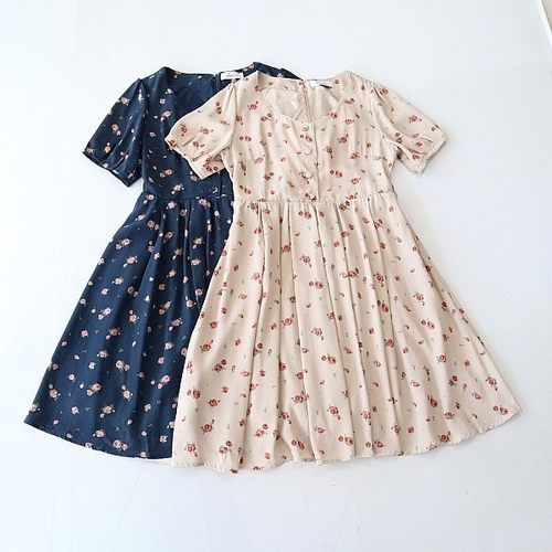 夏季新品女中长款短袖花色连衣裙圆领纽扣后拉链修身垂感A字裙F1