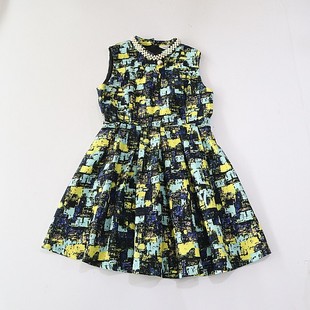 百搭无袖 背心花色连衣裙立领后拉链收腰时尚 A字裙C8M 女中长款 夏季