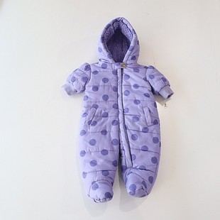 波点连身衣棉服连帽拉链宝宝爬服婴幼儿包脚连体裤 冬季 女童中袖