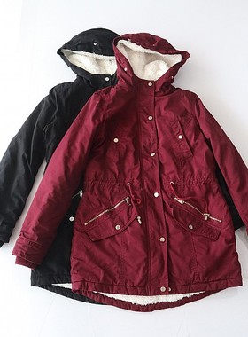 秋冬季新品女中长款长袖加绒棉服外套连帽拉链抽绳腰百搭棉衣D7