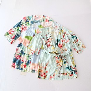 春秋季新品女童中长款长袖花色连衣裙人棉V领系绳居家袍睡裙F1