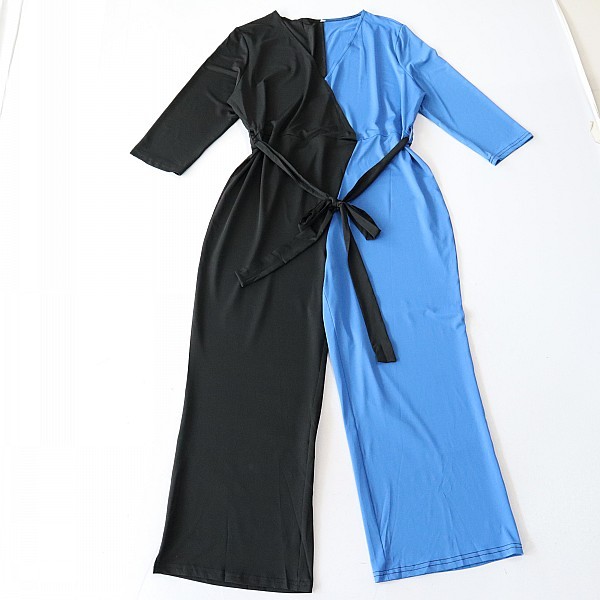 春秋季新品女长袖连身衣V领腰带收腰宽松微弹撞色连体直筒长裤H1