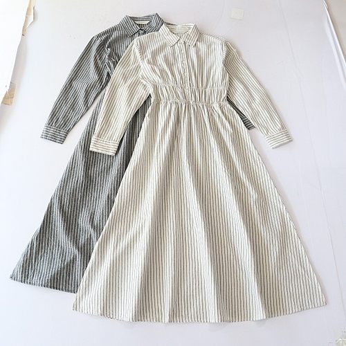 春秋季新品女中长款长袖条纹衬衫连衣裙棉麻松紧腰开叉A字裙R7