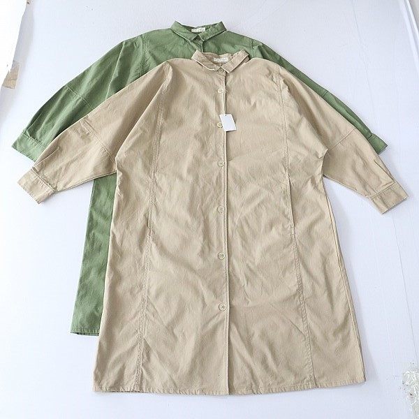 春秋季新品女中长款长袖衬衫外套纯棉方领纽扣宽松休闲纯色百搭F5