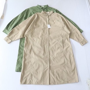 春秋季新品女中长款长袖衬衫外套纯棉方领纽扣宽松休闲纯色百搭F5