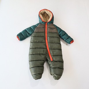 加绒连身衣棉服连帽拉链爬服婴幼儿包脚连体裤 冬季 男女童长袖