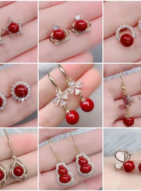 保真正品朱砂耳钉红色耳饰气质中国风耳坠耳环简约百搭喜庆首饰品