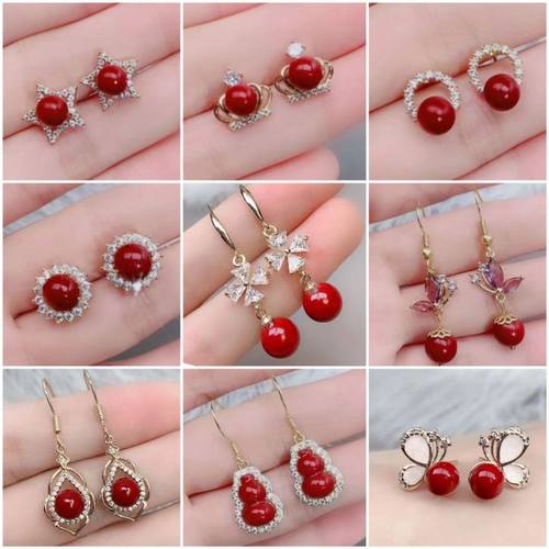 保真正品朱砂耳钉红色耳饰气质中国风耳坠耳环简约百搭喜庆首饰品