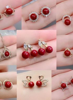 朱砂耳钉防过敏转运珠耳钉玫瑰花耳坠女时尚百搭气质耳环饰品新年