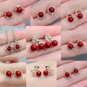 朱砂耳钉防过敏转运珠耳钉玫瑰花耳坠女时尚百搭气质耳环饰品新年