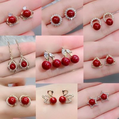 朱砂耳钉防过敏转运珠耳钉玫瑰花耳坠女时尚百搭气质耳环饰品新年