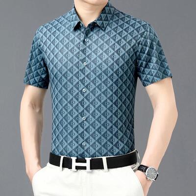 夏季桑蚕丝短袖印花衬衫男装年爸爸装2219-M冰中丝花碎格子龄减百