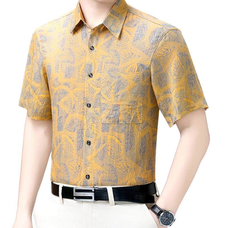夏中季新品中324-M年士短袖桑蚕丝花色衬衫半袖上衣年爸男爸薄装