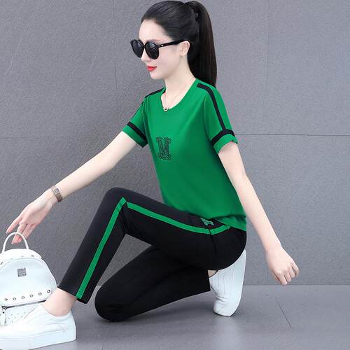 减龄洋气运动装71139563夏季时尚圆领冰套短袖长女裤跑步休丝闲两