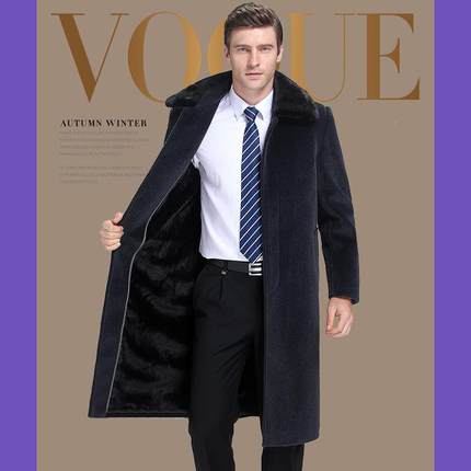 秋老冬长款双面绒毛呢大衣中年男士大码风羊衣兔毛领羊6005.j7毛