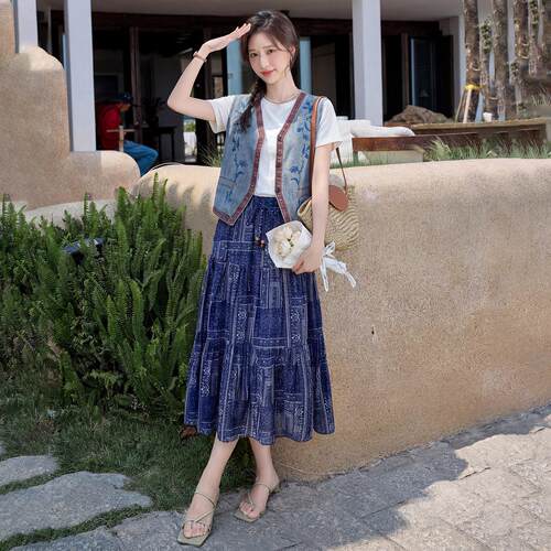 休闲套装女夏新款练质刺绣国风马甲两半身裙MJ2617件干套气裙