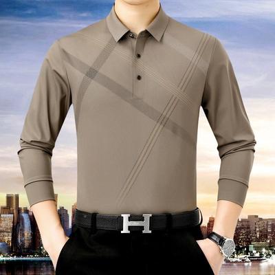 5507春秋印新款纯色翻长袖恤男士桑蚕丝花务休闲领商衫