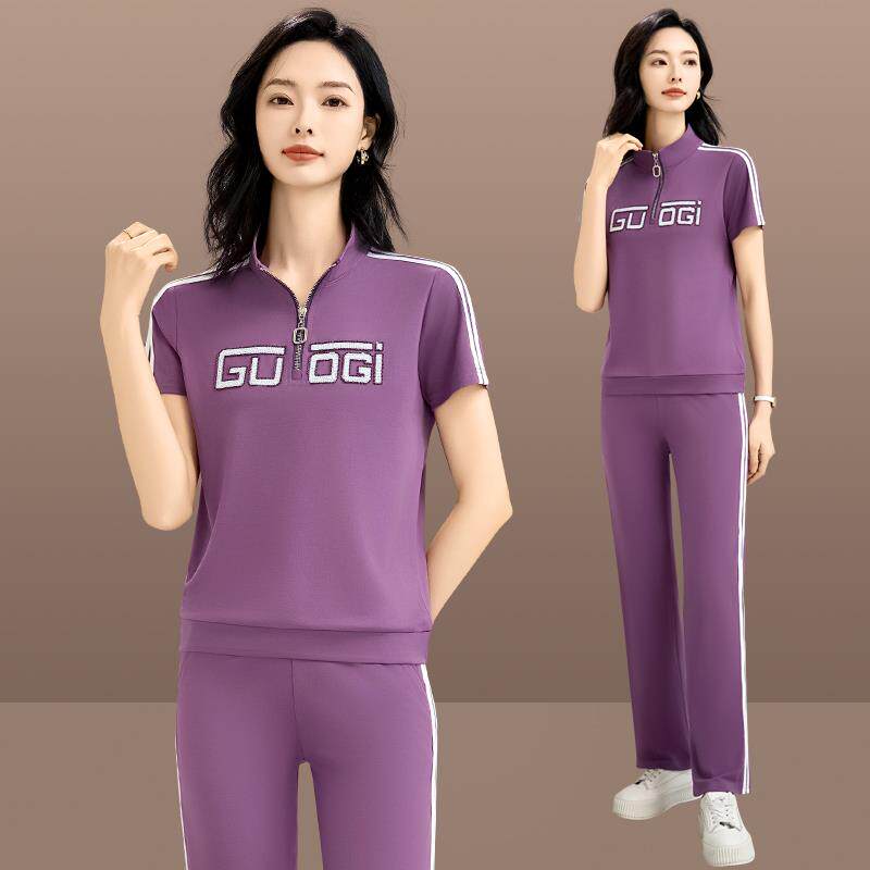 休闲运动装女新89899122款时尚裤宽松立领绣套花短袖长跑步夏服两