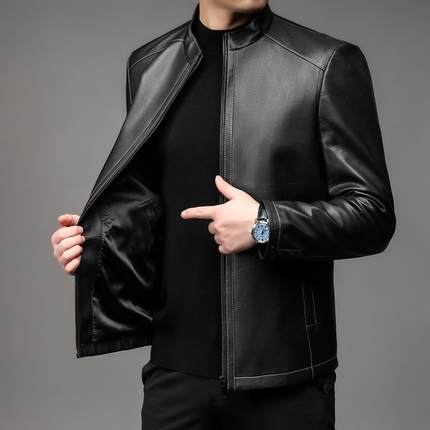 新款真休皮皮衣闲头山羊皮男士8803(880皮夹克机车层短款立领男装