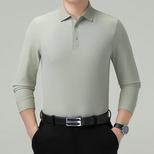 翻领衫 P丝恤桑蚕时长袖 中年闲尚休宽松免烫透气上衣 5596 男士