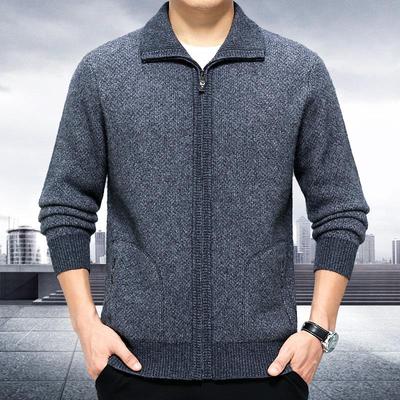 秋冬翻季中新款纯9569-K羊绒毛男士针织开衫老年领拉链大码羊衣毛