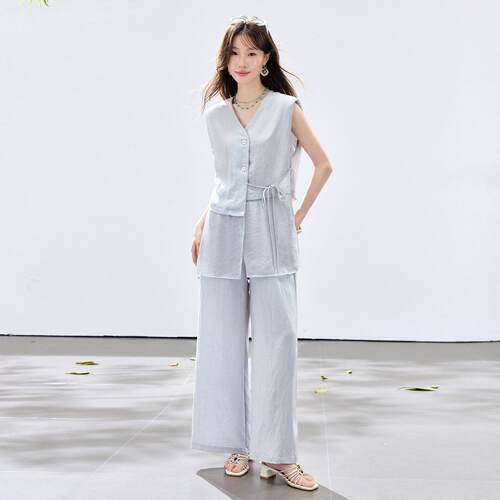 无YY711-04袖系夏带季背心套上衣+长裤两件套女新款洋气龄装