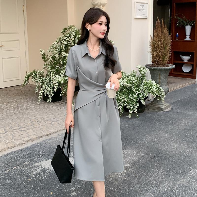 式级感连衣裙夏ZMAN季新款设高计感气质职业收腰显瘦法袖衬短衫裙