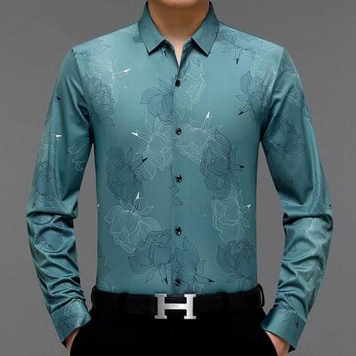 秋装新长免款221-H男士袖衬春衫中年商务山羊绒印花男式格子烫衬