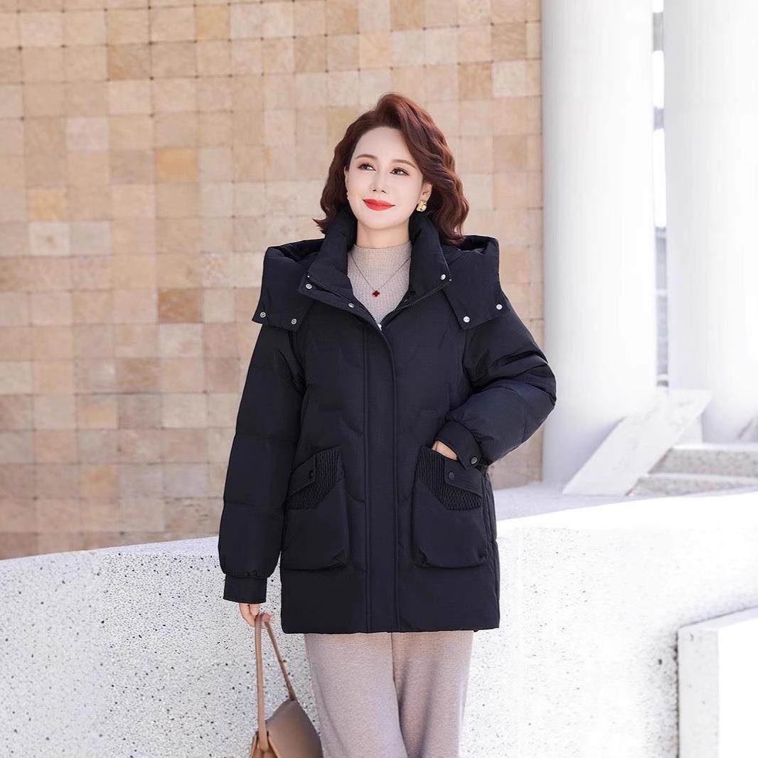 中年妈防妈羽绒女冬装服中长款加厚老856年人女休闲连帽中保暖外