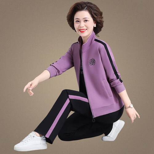 妈春秋外套洋气三件套女新服款中妈老年女装秋跑73329024步运动套