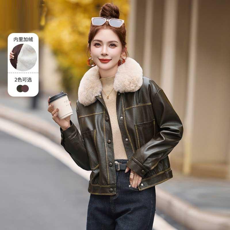 加绒加小皮外套女季短款ZWU821新款冬衣复古休闲洋气皮机车夹厚克