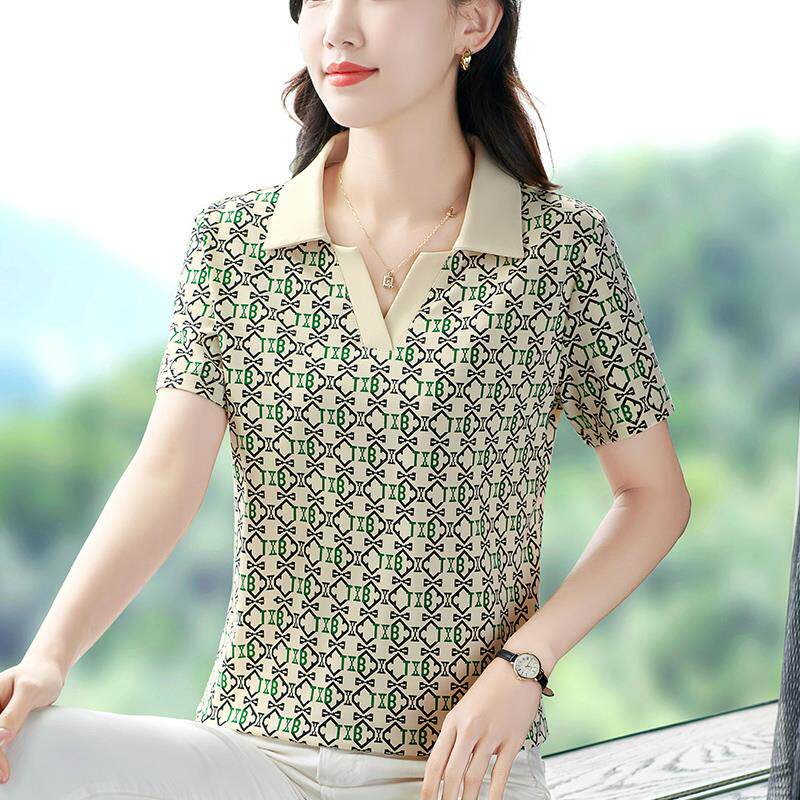 丝短袖77692252恤女装新领中年妈妈遮肚子夏季洋气上款冰衣翻领