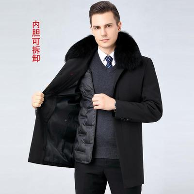 狐狸毛鹅领羽绒加服可男中年中长107款厚脱卸绒内胆风衣冬装爸爸