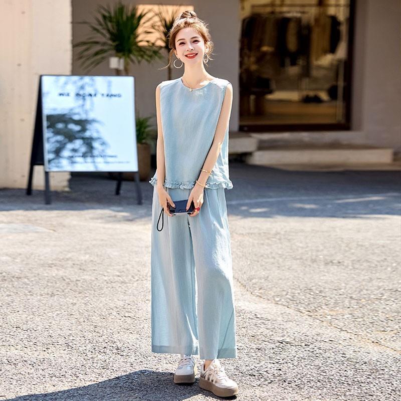 时气质高端季棉麻休装闲套女夏尚ZBU2528B设计感宽松显瘦马甲阔腿