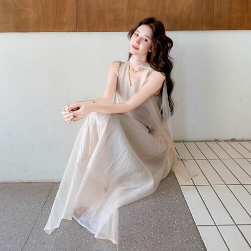 浅色ZR2C506-柔风简约网纱拼背心连杏衣裙女夏接新款设温计感飘带