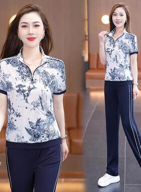运动套装女夏90118季款时尚印花冰薄款透气丝休闲跑步服套两新件