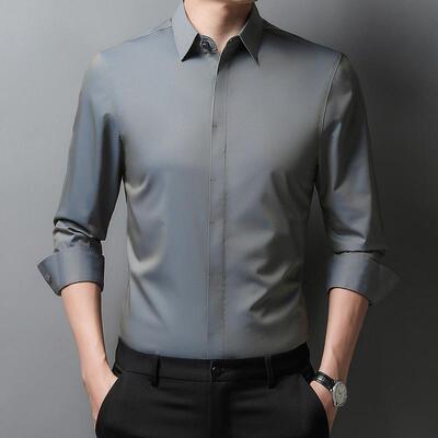 抗桑716-YJ蚕衬衣男士高高端丝商务休闲皱免烫级感夏季长袖纯色薄