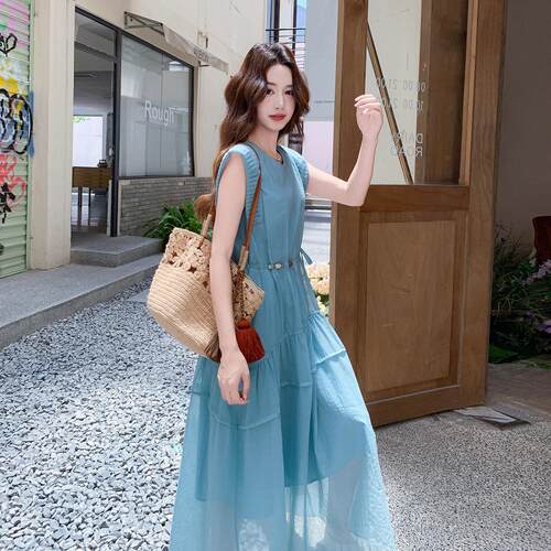 色显白无袖连衣裙女C295-883夏新款式蓝气质氛围感季收腰显瘦度假
